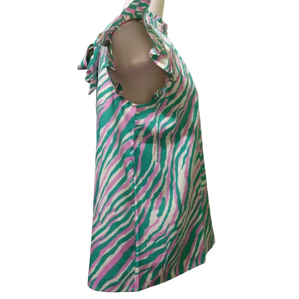 NWT Voy Green/Pink Zebra-Stripe Flutter Sleeve Blouse~Tie Back~SMALL - Picture 3 of 9